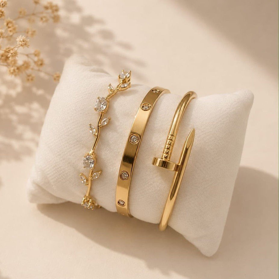 Stillness 3-Piece  Bangle Set - 2 Bangles + 1 Bracelet